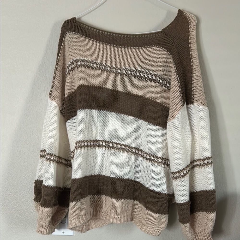 SHEIN Brown and Cream Off-the-Shoulder Sweater with Stripes